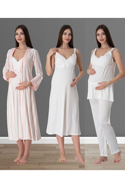 by İGP Pink Ecru Cotton Maternity and Maternity Nightgown and Pajama Set - Morning Gowns Set Effortt