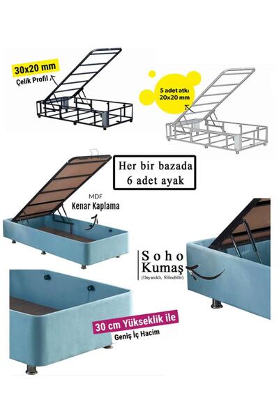 Niron Cozy Baza - 100x200 cm Tek Kişilik Sandıklı Bebek Mavisi Kumaş Baza Silinebilir Soho Kumaş Niron