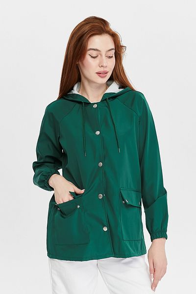 Primaro Hooded Green Windbreaker Raincoat with Pockets and Snap Fasteners