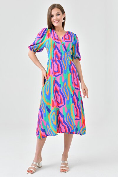 vuvutasarım Printed Stretch Fabric Double Breasted Collar Belted Back Wrap Cut Rainbow Dress 100