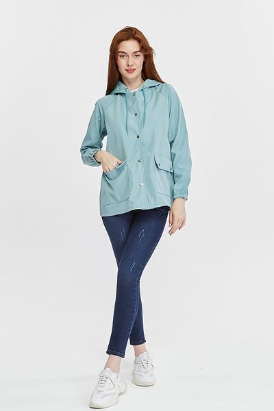 Primaro Hooded Water Green Windbreaker Raincoat with Pockets and Snap Fasteners