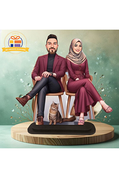 3D Hediye Dünyası Tesettürlü oturan eşler kedili karikatürü biblo hediye  3d ...