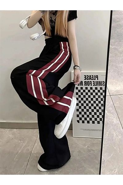 RockMore Pantaloni de sport cu dungi supradimensionate Y2K Harajuku cu fermoar