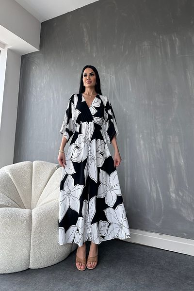 kamacibutik Rochie de vară cu guler dublu cu mânecă liliac, cu model de flori, cu talie elastică