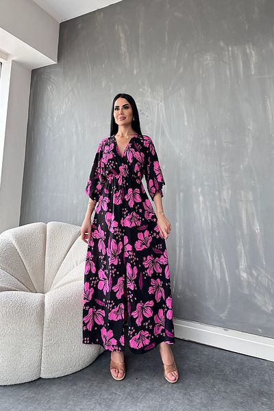 kamacibutik Rochie de vară cu guler dublu cu mânecă liliac, cu model de flori, cu talie elastică