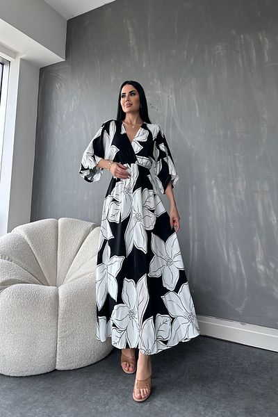 kamacibutik Rochie de vară cu guler dublu cu mânecă liliac, cu model de flori, cu talie elastică