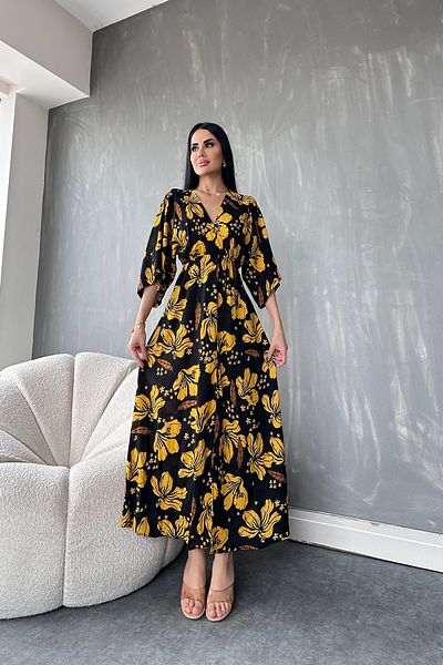 kamacibutik Rochie de vară cu guler dublu cu mânecă liliac, cu model de flori, cu talie elastică