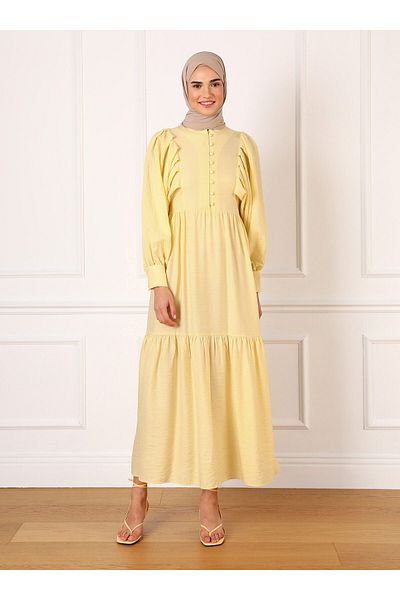 Refka Brit Button Detailed Bat Sleeve Hijab Dress - Yellow - Refka