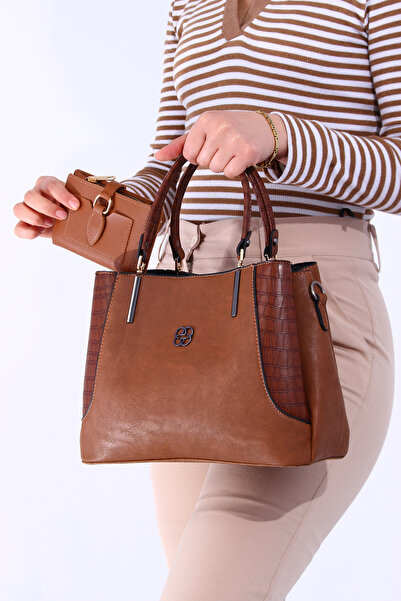 By Hakan Dm-1244 Nubuk Cüzdan Kombinli Kadın El Ve Omuz Çantası Taba