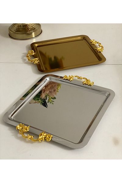 Elzemm store GOLD AND SILVER 2-PIECE HANDLE SQUARE PRESENT TABLE STAINLESS STEEL LUXURY