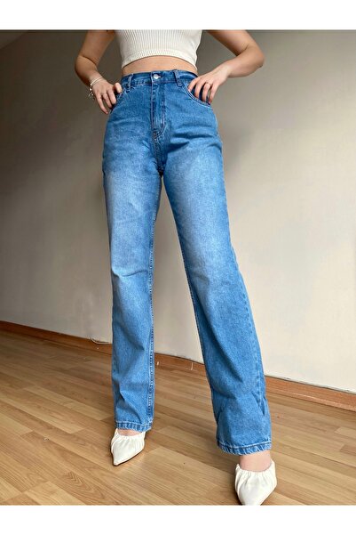 Kadın Yüksek Bel Mavi Yıkamalı Bol Geniş Paça Cepli Jeans Kot Pantolon