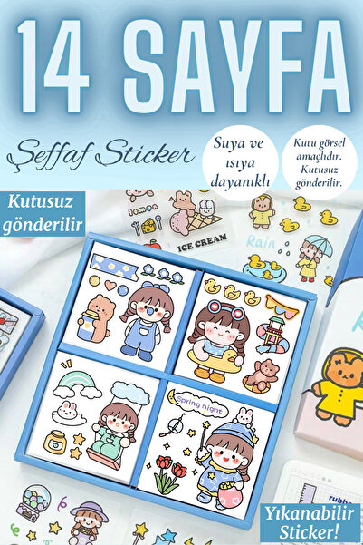 sanatıbedi 14 Sayfa Şeffaf Kawaii Sevimli Suya Dayanıklı Sticker Etiket Seti- Laptop Telefon Defter Etiketi