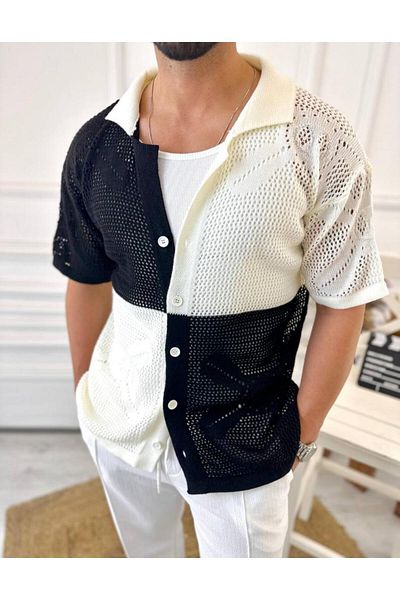 elkumoda Πουκάμισο Oversize Βαμβακερό ύφασμα κατά του ιδρώτα Διχτυωτό ιταλικό γιακά κοντομάνικο πουκάμισο