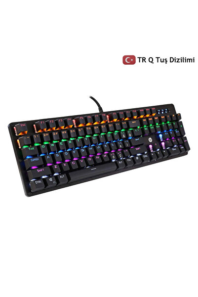 HP GK100F Mekanik Gaming Klavye RGB Işıklı Kablolu Klavye Şık Zafir Modern Tasarım Türkçe Q Klavye