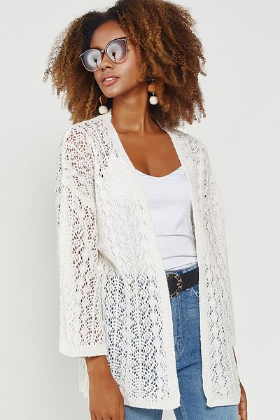 Hopoi Women's Ecru Openwork Casual Cardigan Hop3020