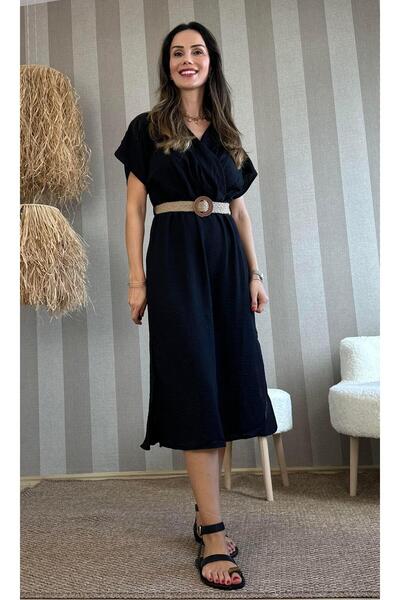Atelier Derin Siyah Hasır Kemerli Keten Elbise