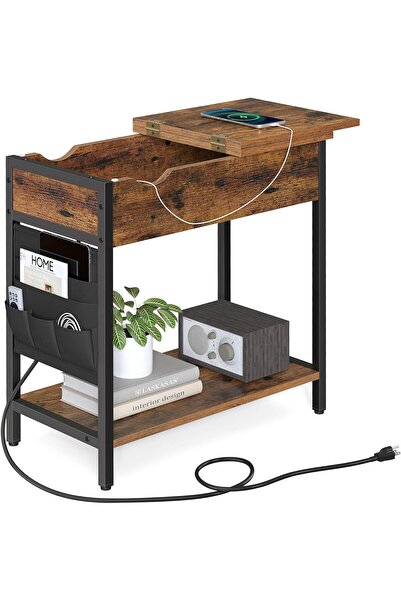 VASAGLE USB Portlu Saklamalı Yan Sehpa Çoklu Şarj İstasyonlu, Kumaş Çantalarl...