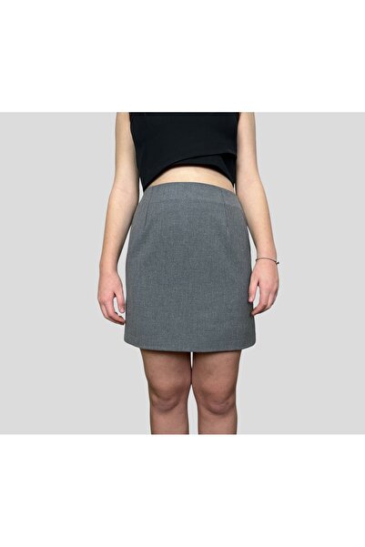ABAS Gri Yüksek Bel Astarlı Mini Etek