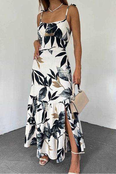 bayansepeti Leaf Patterned Slit Detailed Strapless Collar Strap Midi Dress 10756