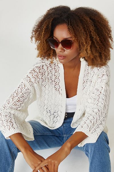 Hopoi Women's Ecru Openwork Casual Cardigan Hop3020