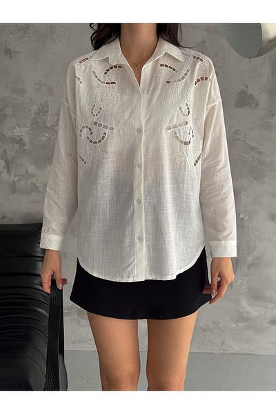 laughs WOMEN'S ECRU FISTOLED LONG SLEEVE LINEN LOOK SHIRT DE3210