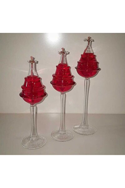LEYLA CAM SANATLARI CAM ÜFLEME KANDİL 3 LÜ ÇAM MODELİ KIRMIZI RENK