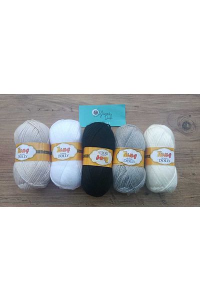 Tunç 5 Pieces Mixed Color Hand Knitting Thread Dolly Booties Thread Set 100 gr 5 Pieces Black-White-Beige-Grey-Cream
