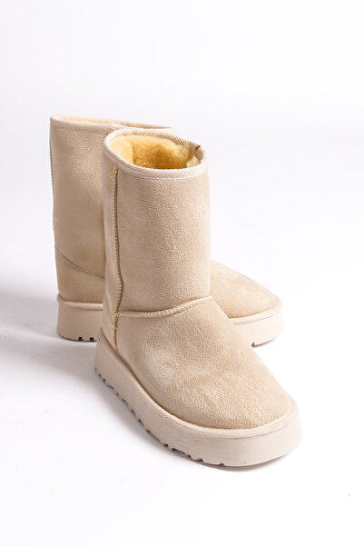Capone Outfitters Γυναικείες μπότες επίπεδη σόλα μεσαίου μεγέθους μπεζ με γούνα εσωτερικά