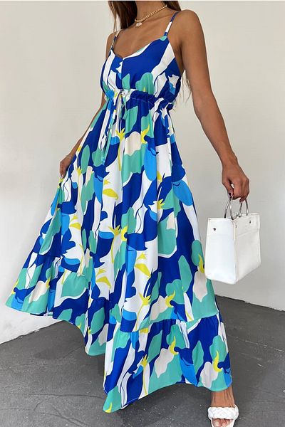 lovebox Women's Degaje Collar Waist Gathered Design Strap Colorful Summer Maxi Evening Dress 10762