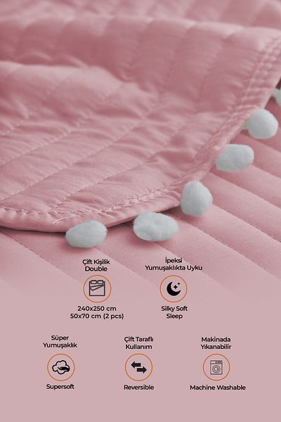 Evlen Home Collection 100% Cotton Double Bed Cover with Pompom (Pique) Set Powder