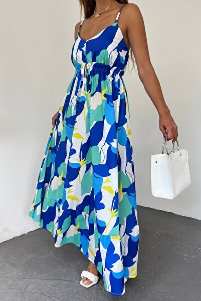 lovebox Kadın Degaje Yaka  Beli Büzgü Bağlamalı Tasarım Askılı Renkli Yazlık Maxi Abiye Elbise 10762