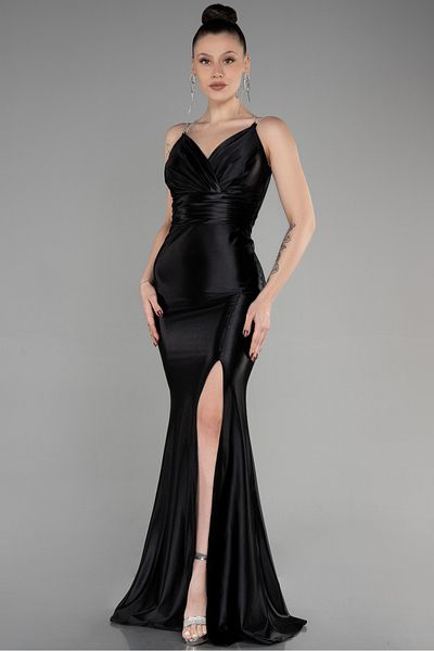 Abiyefon Long Satin Black Fishnet Evening Dress - Leg Cut-Out ABU3575
