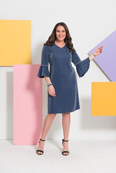 Even Plus Size - Büyük Beden Kadın Giyim Mavi Taş Şeritli Simli Büyük Abiye B...