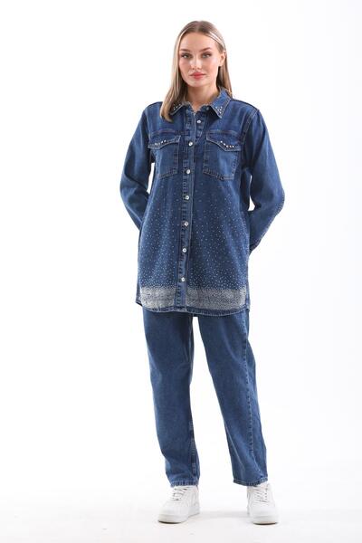 WestBound Women's Stone Embroidered Hijab Jeans Jean Top and Bottom Set Dark Blue