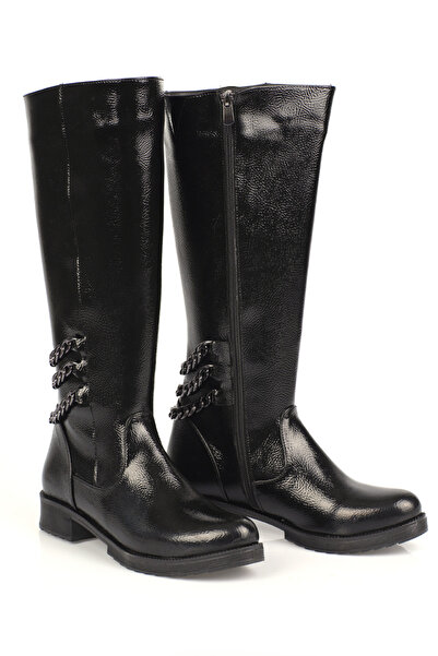 Capone Outfitters Dámské vrásčité lakované kožené boty s detailním zadním zipem pod kolenním řetízkem