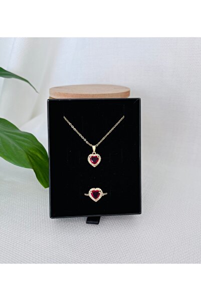 RM Bijuteri Gold Zirkon Taşlı Kalp Model Çelik Set