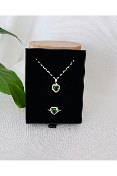 RM Bijuteri Gold Zirkon Taşlı Kalp Model Çelik Set