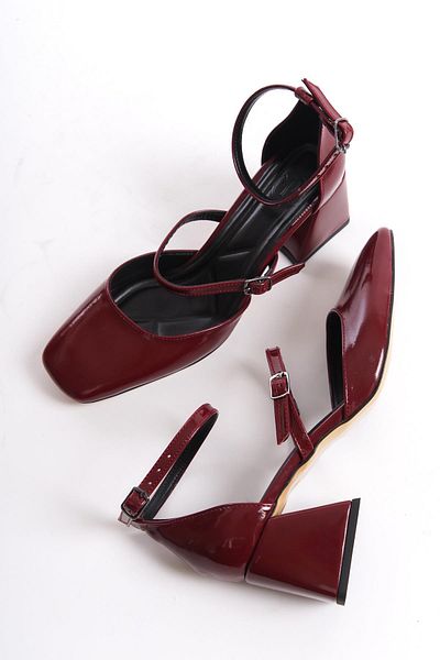 Modabuymus Sigva Mary Jane Summer Claret Red Patent Leather Thick Heeled Strapped Shoes