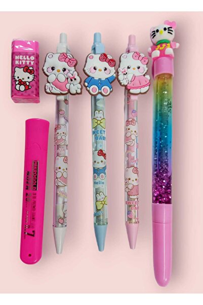 sevgi kırtasiye Hello Kitty Süslü Hediyelik 0.7 Uçlu Kurşun Kalem Silgi Uç Simli Sulu Kalem Seti 6 Lı Set