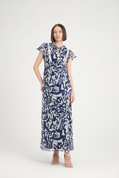 Entarim Hamile  Elbise Şifon Dantel Yaka Detaylı Maxi