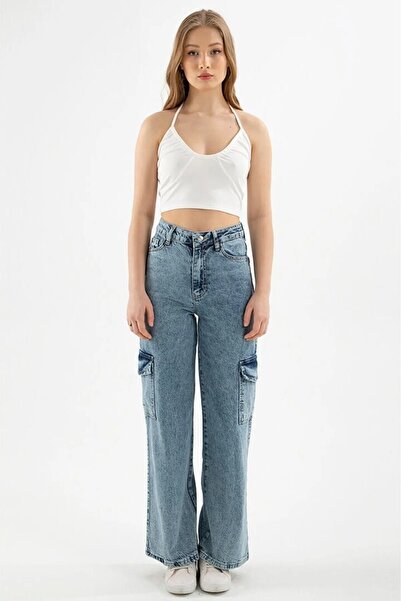 Lixera Snow Wash Blue, cu talie foarte înaltă, din lycra, cu buzunar cargo, p...