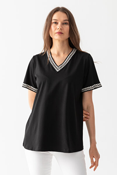 EtkiModa Γυναικείο μαύρο γιακά και μανίκια κέντημα ρίγα Λεπτομέρεια V λαιμόκο...