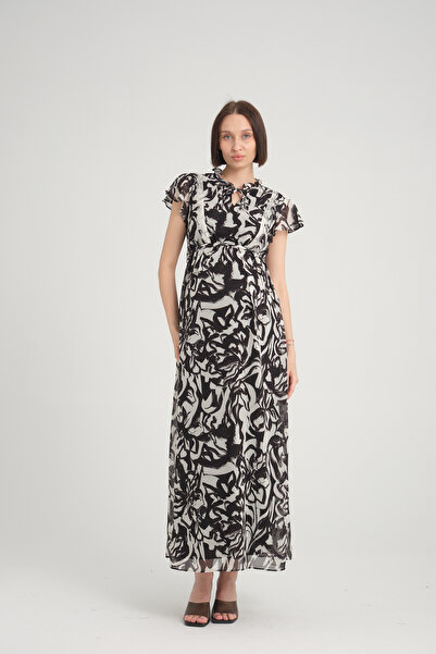 Entarim Maxi Length Maternity Dress - Chiffon and Lace Neckline Detail