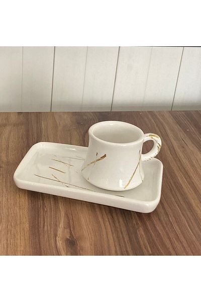 Arsim Home Striped White 6-Person Cup Set with Presentation Plate