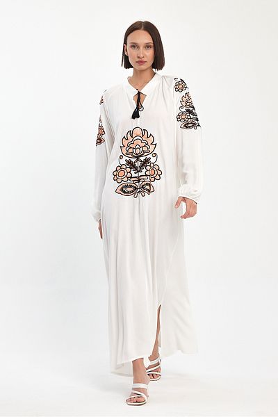 Denismoda Women's High Collar Lace-Up Embroidery Detailed Long Balloon Sleeve Dress
