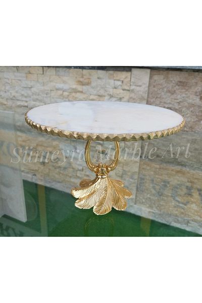Sümeyra Marble Art Royal - Natural White Marble Presentation Tray| Footed Marble Plate| Standing Presentation Holder| Gold| 28cm