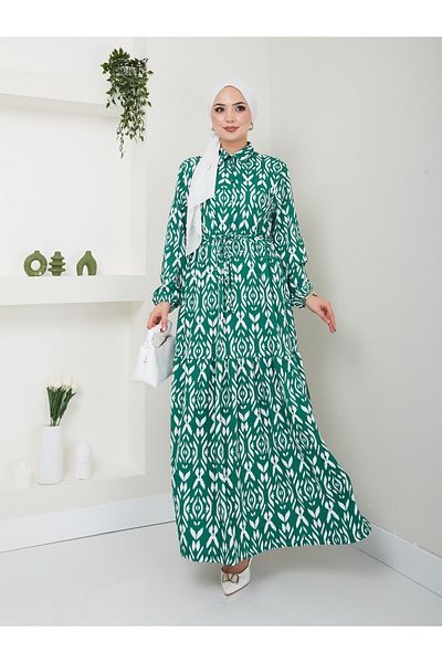 VOLT CLOTHİNG فستان حجاب نسائي منقوش بياقة قميص وخصر برباط