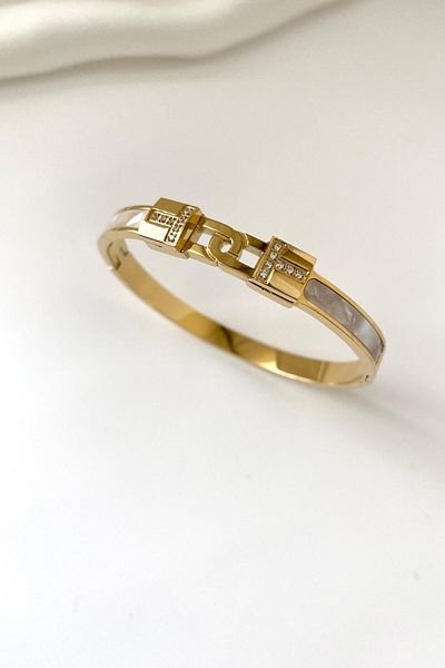 SilverStone T. Lock Mother of Pearl Stone Steel Handcuffs Women's Bracelet