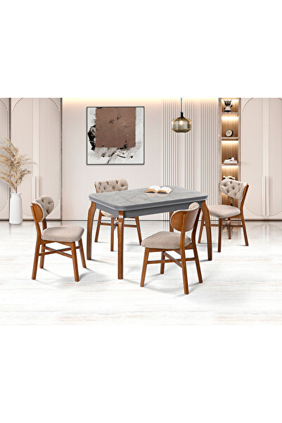 Mobilya Dükkanım Manolya Gri Mermer Masa & Kartal Ceviz Sandalye Takımı HDR12...