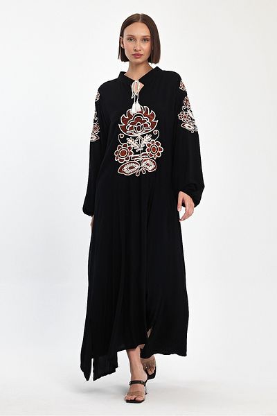 Denismoda Women's High Collar Lace-Up Embroidery Detailed Long Balloon Sleeve Dress